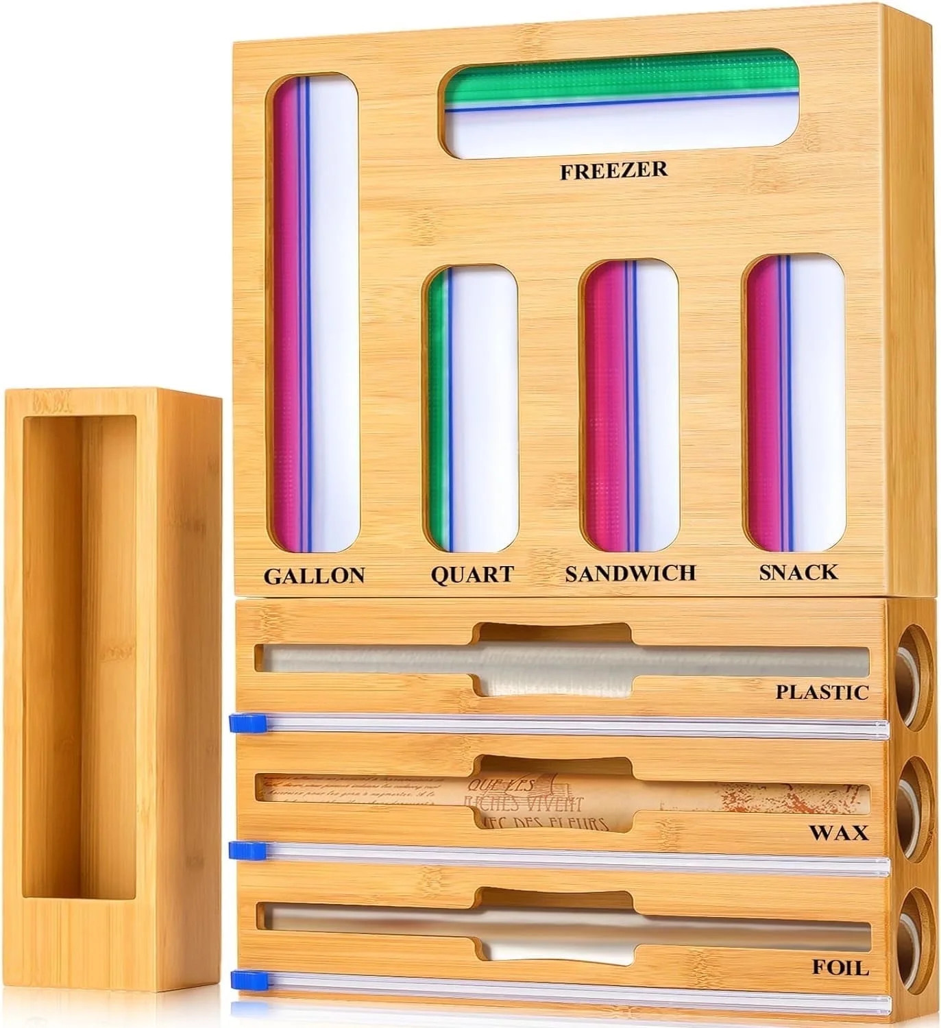 9 in 1 Kitchen Bag Storage Organizer, AOKIWO Bamboo Ziplock Foil and Plastic Wrap Organizers with... | Walmart (US)