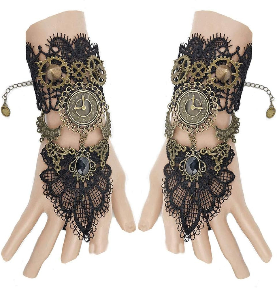 Juland Fingerless Gloves Gothic Floral Lace Steampunk Wristband Clock Vintage Gear Gloves Bridal ... | Amazon (US)