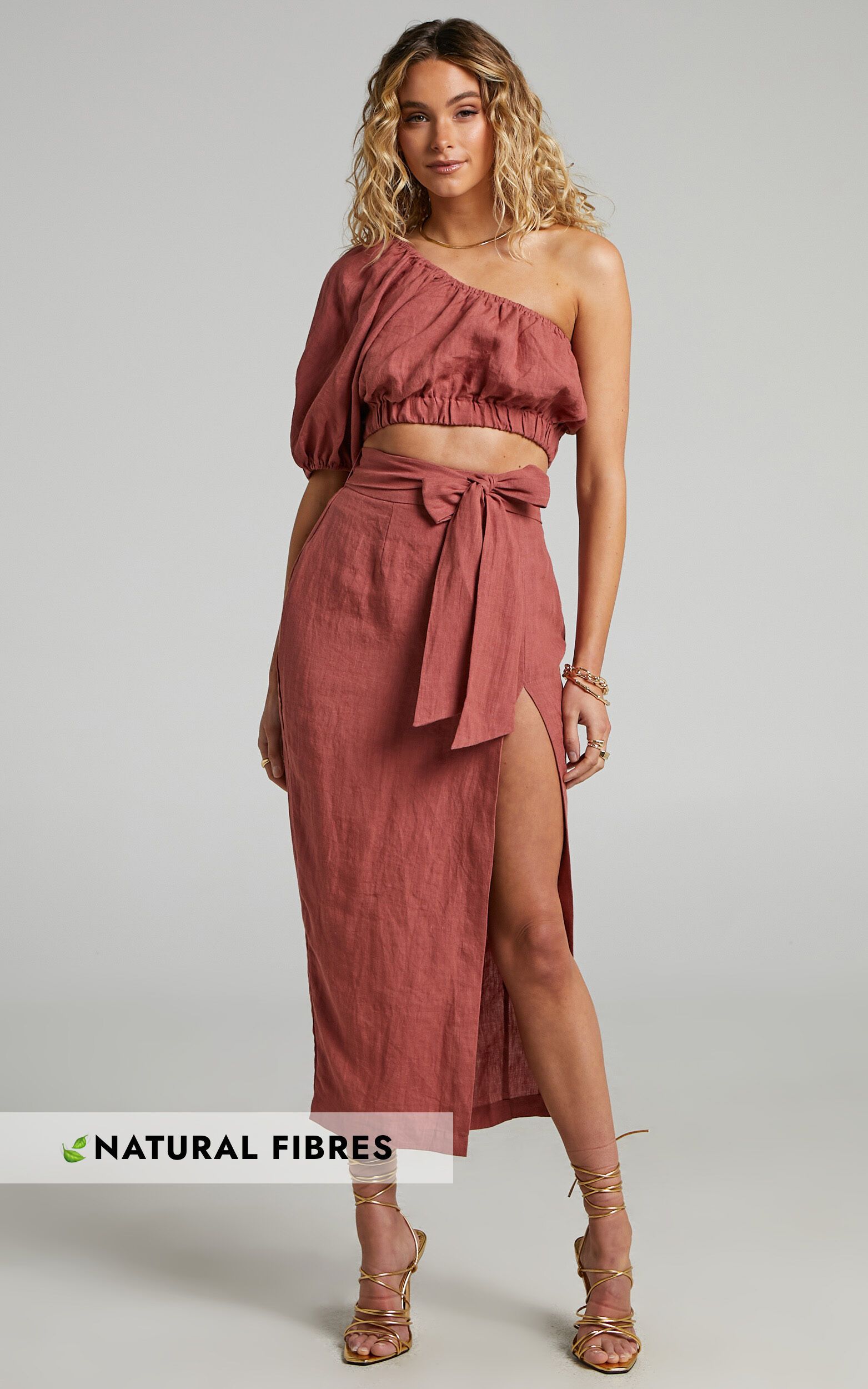 Amalie The Label - Cleide Linen One Shoulder Crop Top and Midi Skirt Two Piece Set in Dusty Clay | Showpo - deactived