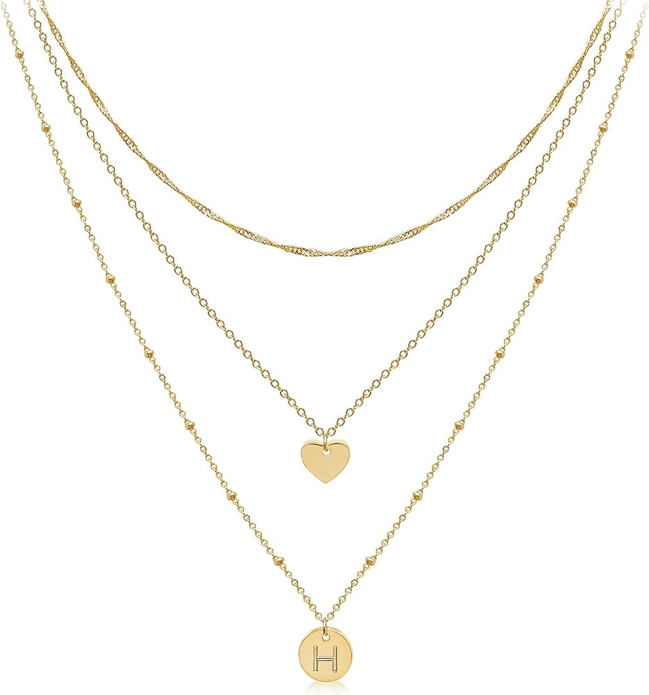 Aisansty Dainty Layered Initial Choker Necklaces Handmade 14K Gold Plated Tiny Heart Personalized... | Amazon (US)
