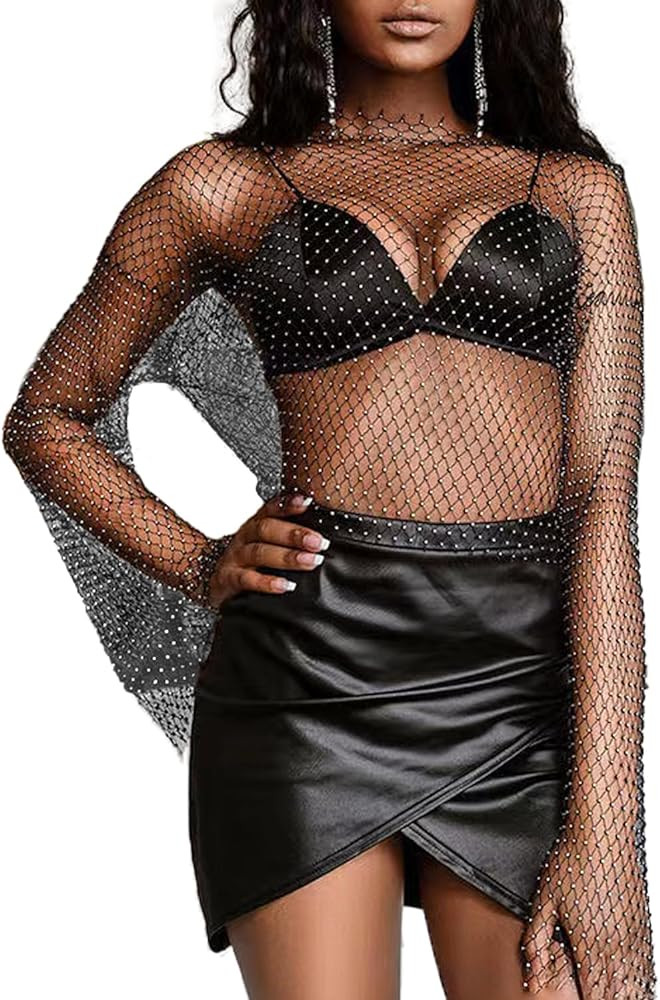 ELLEVEN Rhinestone Crystal Crop Top, Long Sleeve Mesh Body Chains See Through Cover up Sparkly Gl... | Amazon (US)
