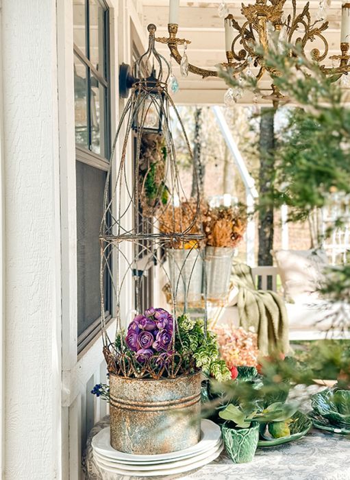 Aged Metal Trellis Pot Planter | Antique Farm House