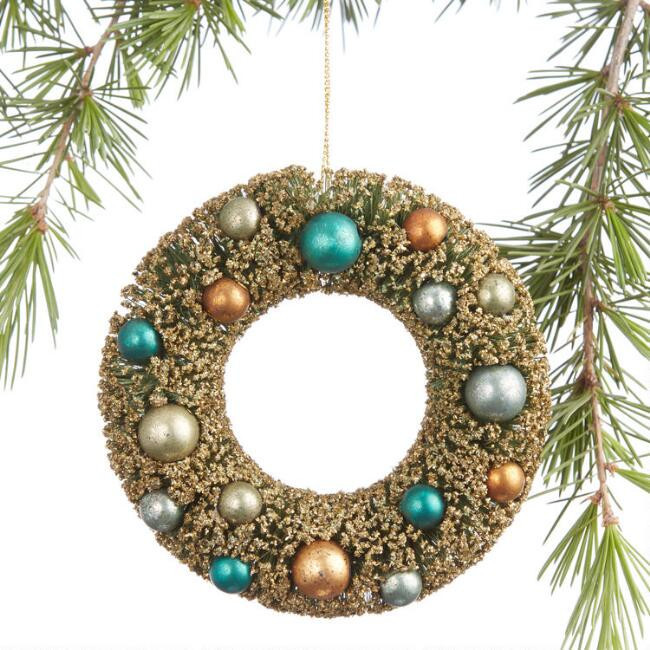 Mini Green And Gold Bottlebrush Gilded Wreath Ornament | World Market