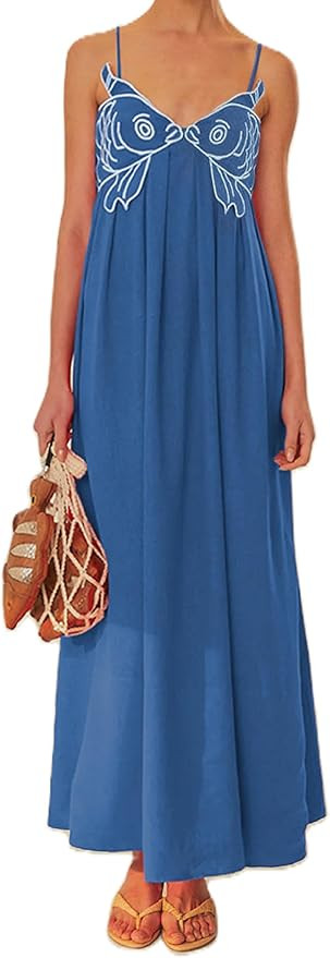 Women Bohemian Spaghetti Strap Beach Long Dress Sleeveless Graphic Flowy Maxi Dress Y2K Floral Ti... | Amazon (US)