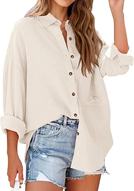 NOLLSOM Casual Shirts for Women Long Sleeve Button Down Blouses Fall 2025 Solid Color Trendy Tops... | Amazon (US)