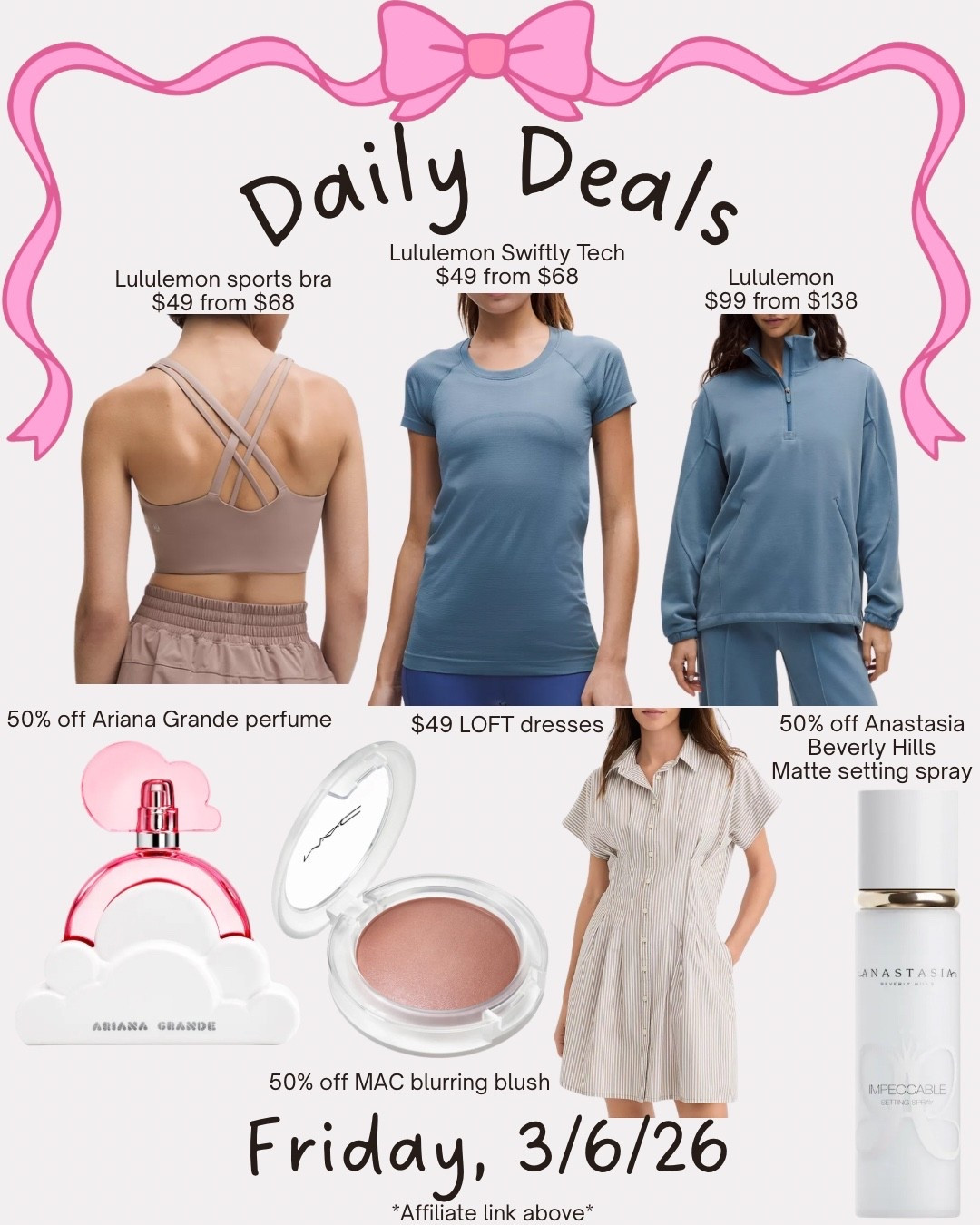 Deals of the day! Lululemon. Perfume. Blush. Spring Dresses. Makeup setting spray 

#LTKMidsize #LTKBeauty #LTKSaleAlert