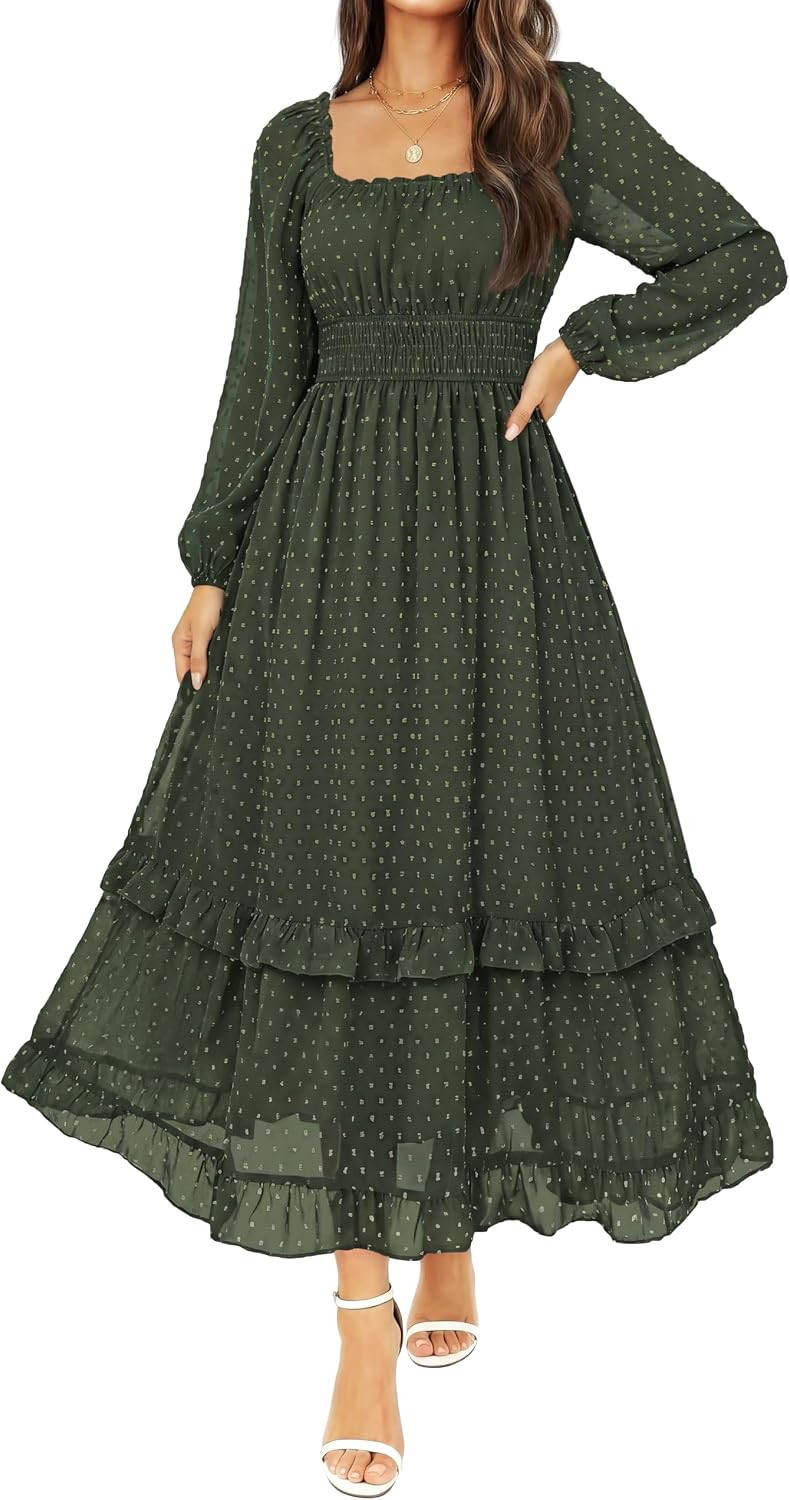 Womens Fall Swiss Dot Chiffon Square Neck Maxi Wedding Guest Dress | Amazon (US)