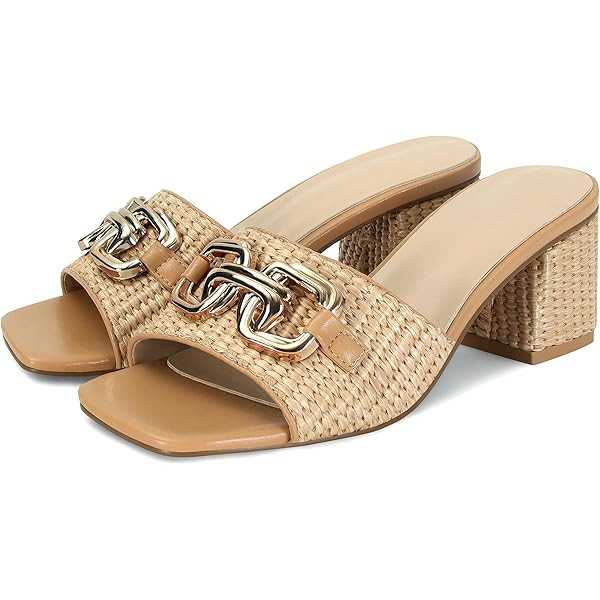 Coutgo Womens Raffia Slide Sandals Chunky Block Heeled Square Open Toe Metal Chain Slip on Mules ... | Amazon (US)