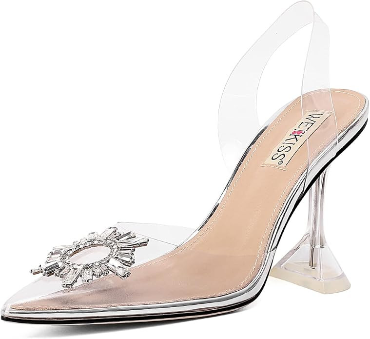 wetkiss Women's Clear Heels Shoes, Crystal Rhinestones Slingback Wedding Shoes Pointed Toe High H... | Amazon (US)
