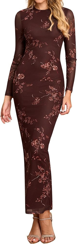 KUTUMAI Women Long Sleeve Floral Bodycon Maxi Dress 2025 Fall Elegant Mesh Formal Wedding Guest C... | Amazon (US)