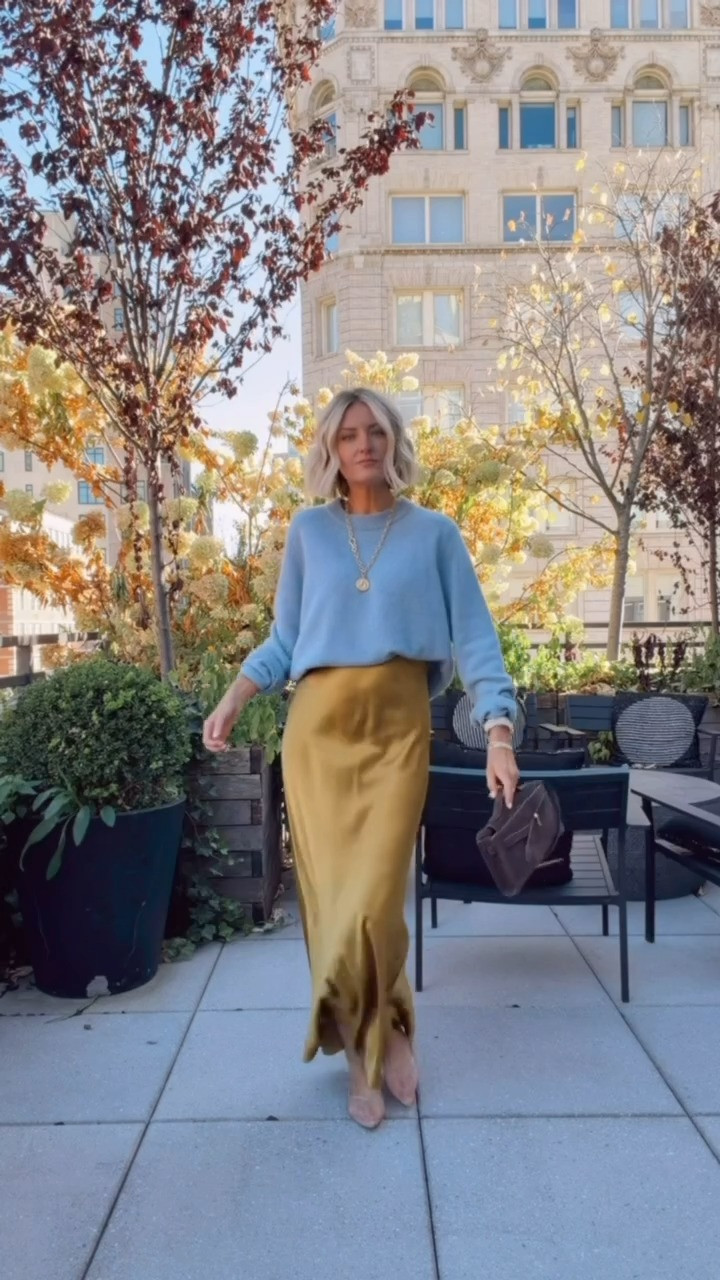 Another fun color combo is this light blue sweater with the mustard gold skirt! It's a brighter fall palette, which I love! Wearing S!

Loverly Grey, Quince, fall outfit, satin skirt, blue sweater, mesh flats, new york outfit 

 #LTKSeasonal