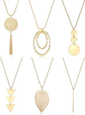 Fesciory 6 PCS Long Pendant Necklace for Women, Gold Bar Circle Leaf Triangle Tassel Y Necklace S... | Amazon (US)