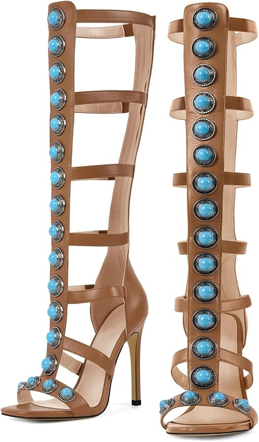 Knee High Strappy Heels Gladiator Sandals with Turquoise Stones | Amazon (US)