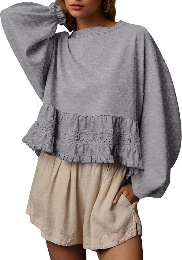 Crew Neck Crop Oversized Sweatshirts For Women Casual Long Puff Sleeve Babydoll Tops Loose Lace P... | Amazon (US)