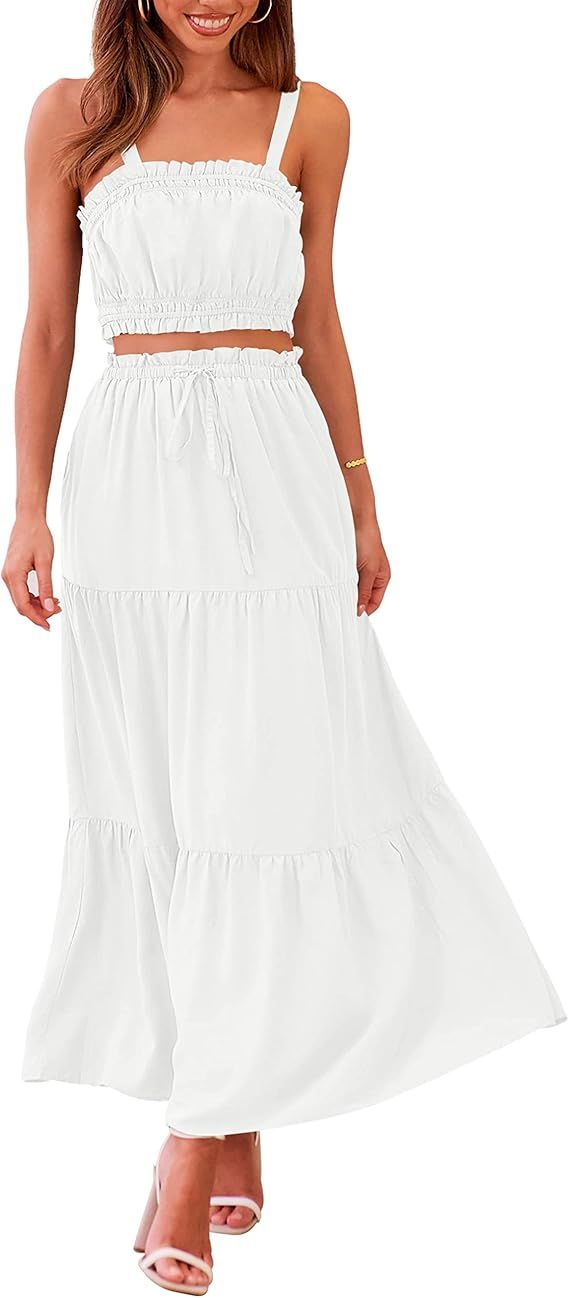 MEROKEETY Women 2 Piece Outfits Sleeveless Crop Top High Waist Long Skirt Set with Pockets | Amazon (US)