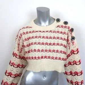 Meryll Rogge Cropped Sweater Ivory/Red Striped Wool Pointelle Knit Size Large | Poshmark