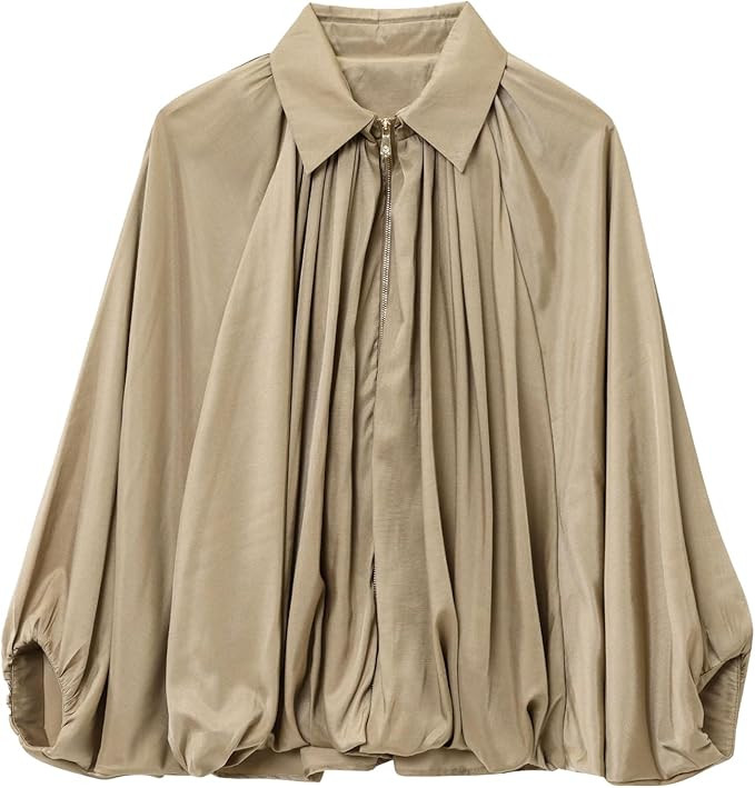 Womens Puffed Bomber Jacket Casual Batwing Sleeve Lapel Collar Zip Shirts Oversized Pleated Stree... | Amazon (US)