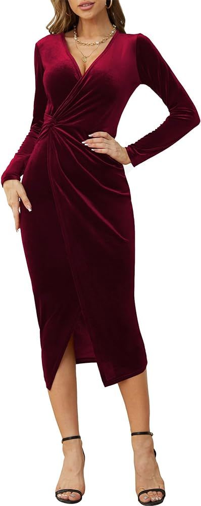 Women's Long Sleeve V-Neck Wrap Velvet Dress Elegant Bodycon Bridesmaid Cocktail Party Formal Dre... | Amazon (US)