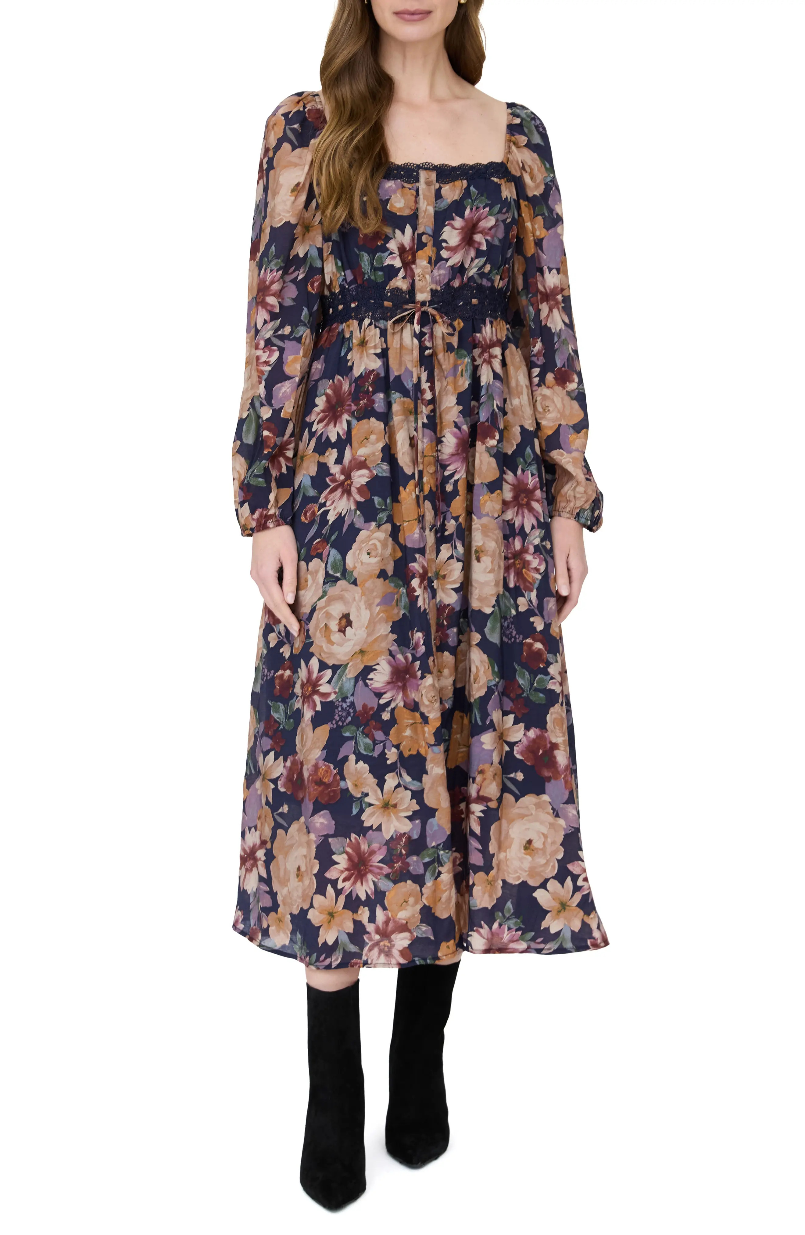 AUGUST SKY Floral Long Sleeve Midi Dress (Women) | Nordstromrack | Nordstrom Rack
