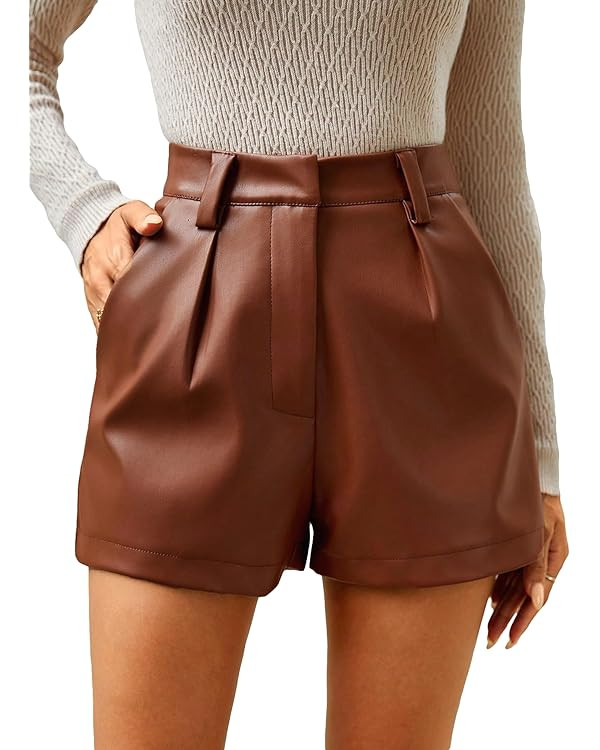 Milumia Women's PU Leather High Waisted Pleated Wide Leg Dressy Shorts with Pocket | Amazon (US)