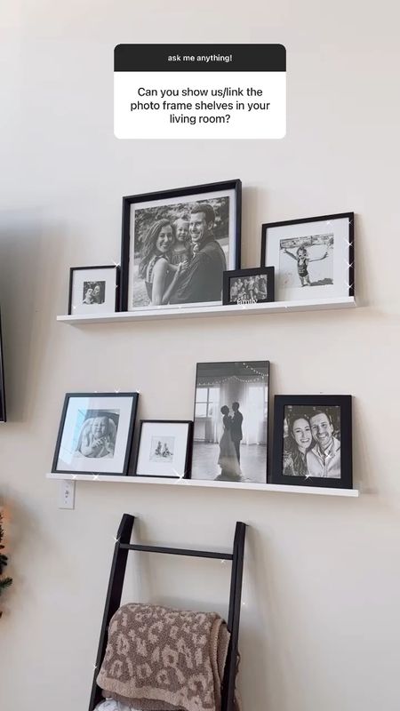 White floating shelves with black photo frames for living room 🖤

#LTKhome #LTKSeasonal #LTKHoliday