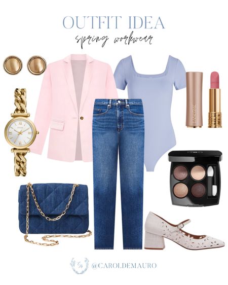 Check out this stylish outfit inspo that will never go out of style: chic pastel pink blazer, purple bodysuit, and denim jeans!
#outfitidea #springfashion #classylook #workwear

#LTKbeauty #LTKstyletip #LTKworkwear