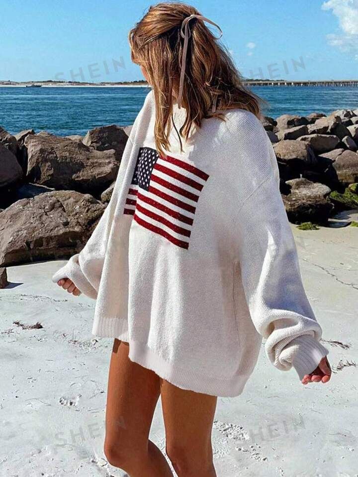 SHEIN Essnce Usa Flag Design Drop Shoulder Sweater | SHEIN