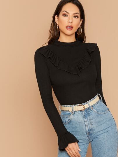 SHEIN Flounce Sleeve Ruffle Front Top | SHEIN