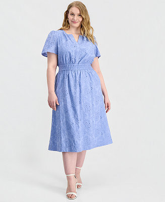 Plus Size Embroidered-Eyelet Short-Sleeve Midi Dress | Macy's