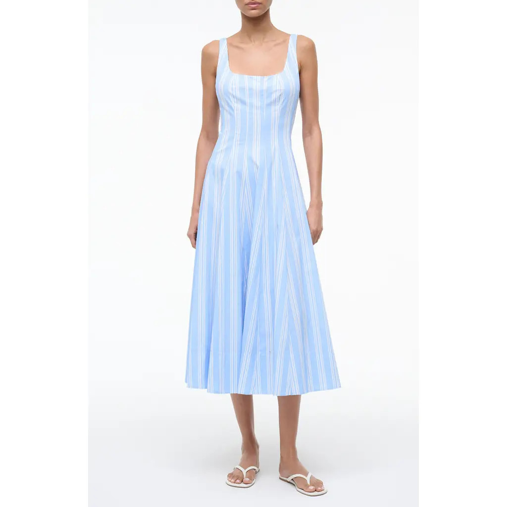 STAUD Wells Pinstripe A-Line Midi Dress in Ventura Stripe at Nordstrom, Size 00 | Nordstrom