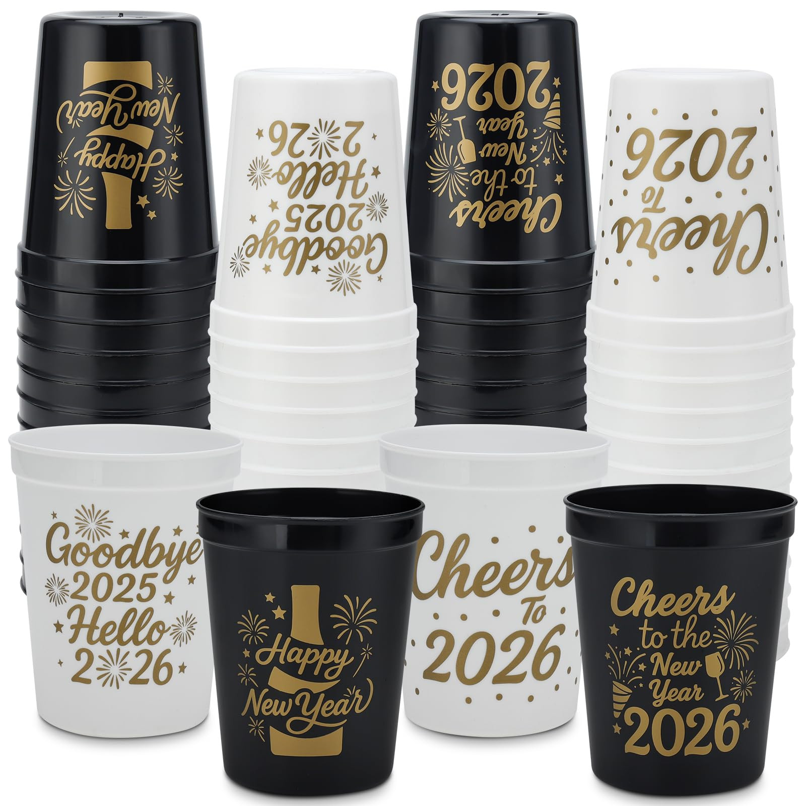 20 Pack New Year 2026 Party Cups - 16oz Black & White Reusable Plastic Stadium Tumblers with 4 Fe... | Amazon (US)