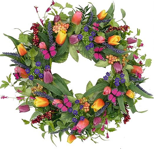 WreathDream 22 inch Spring Summer Wreath Tulip Wreath for Front Door with Purple Tassels, Eucalyp... | Amazon (US)