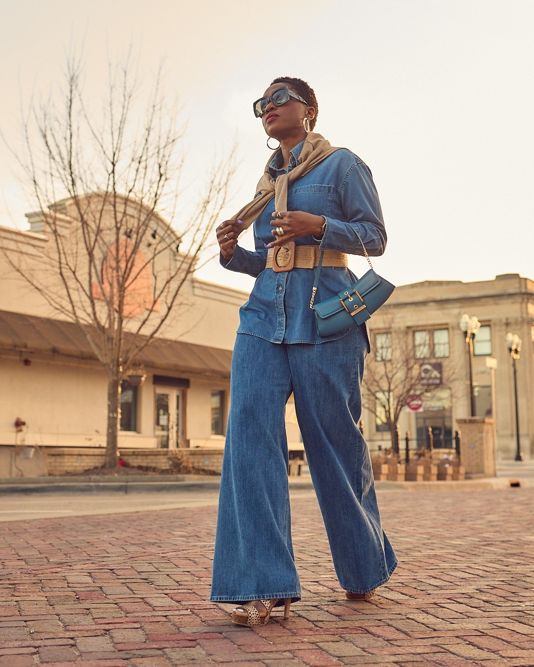 Denim on denim spring outfit 💙 wide-leg jeans outfit ideas, denim shirt, raffia belt, European Heels platform sandals, Spring 2025 outfit ideas, Michael Kors bags, monochrome style, casual chic looks

#LTKOver40 #LTKStyleTip #LTKMidsize