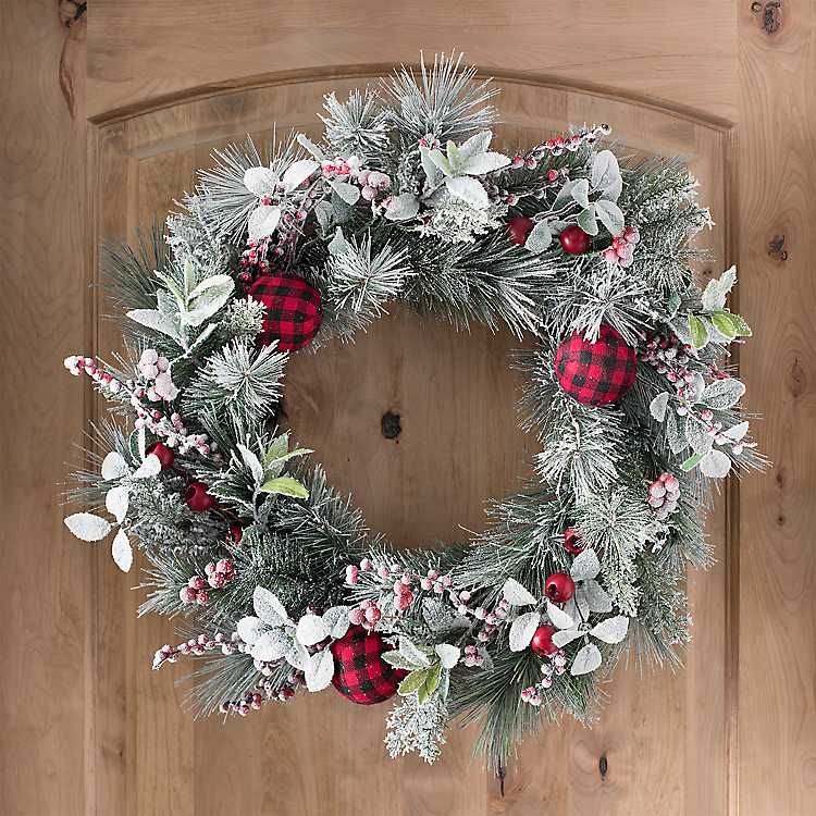 New! Flocked Wreath with Red Buffalo Check Ornaments | Kirkland's Home