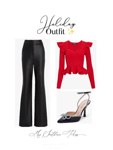 Holiday outfit 

Faux leather flare pants 
Red statement top 
Black crystal bow heels 

•
•
•
Christmas outfit 
Statement top
Petite pants 
Statement shoes 
Holiday shoes 
Flare pants 
Petite pants 
New years eve outfit 

#LTKstyletip #LTKSeasonal #LTKHoliday