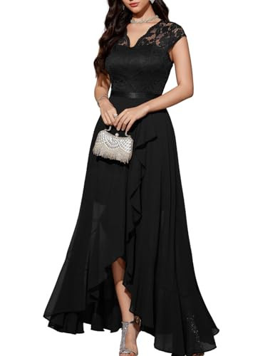 Bbonlinedress Women Black Formal Wedding Guest Dress Hi-Lo Ruffled Lace Chiffon Cocktail Prom Party Dress Long Gala Evening Gowns Black S | Amazon (US)