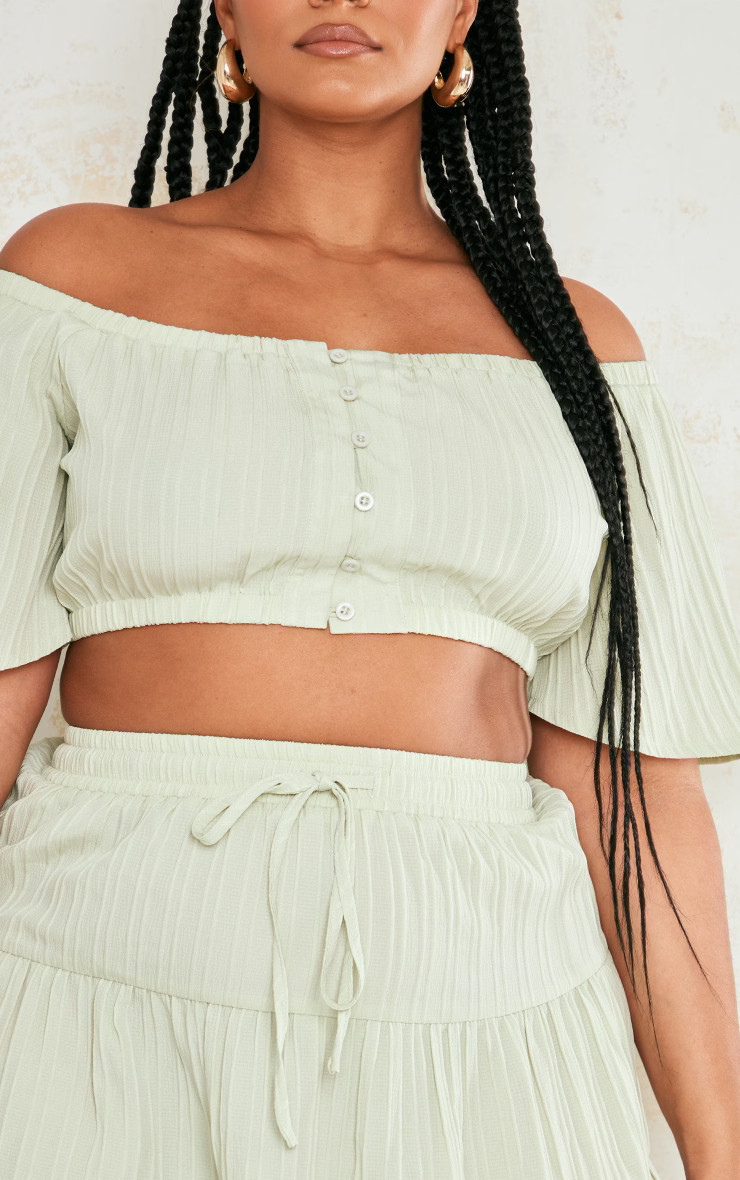 Plus Sage Green Textured Bardot Crop Top | PrettyLittleThing US