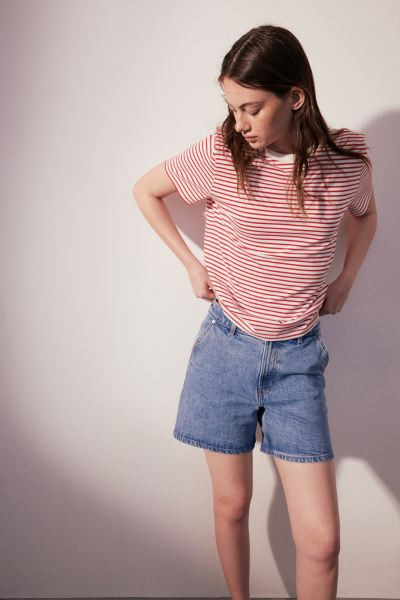 Cotton T-shirt - Round Neck - Short sleeve - White/navy blue striped - Ladies | H&M US | H&M (US + CA)