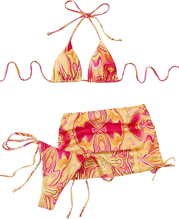 SOLY HUX Women's Wrap Triangle Bikini Bathing Suits with Mesh Beach Skirt 3 Piece Swimsuits | Amazon (US)