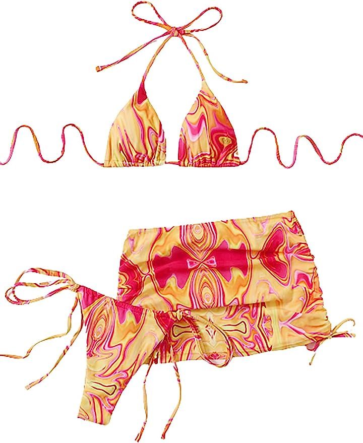SOLY HUX Women's Wrap Triangle Bikini Bathing Suits with Mesh Beach Skirt 3 Piece Swimsuits | Amazon (US)