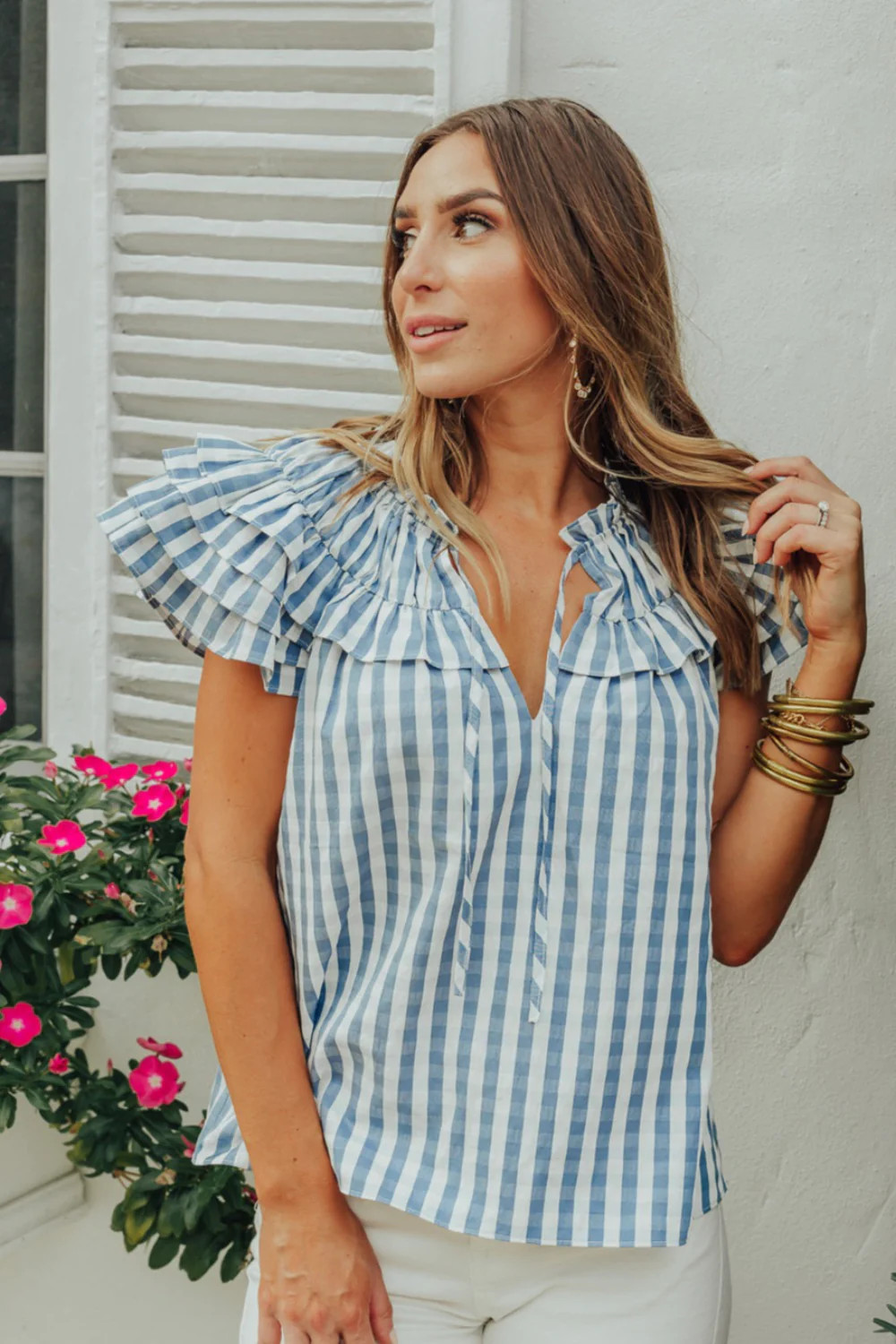 Carla Ruffle Eyelet Top - Blue Checker | BuddyLove