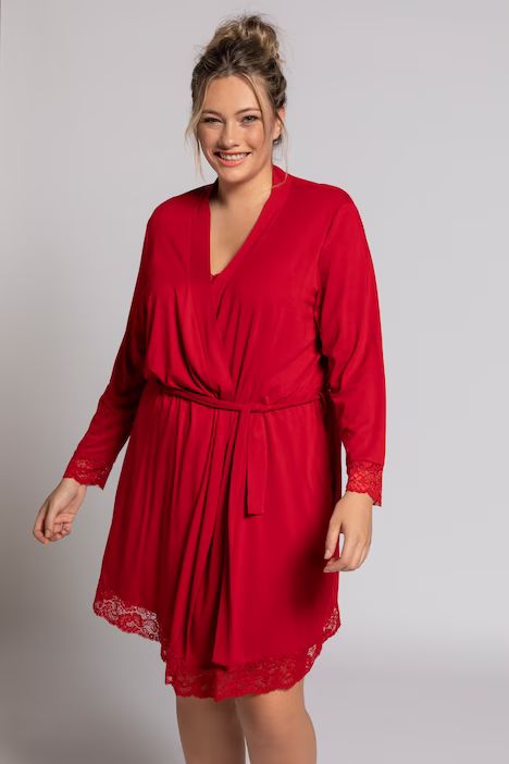 Lace Trim Wrap Front Stretch Knit Bathrobe | Ulla Popken