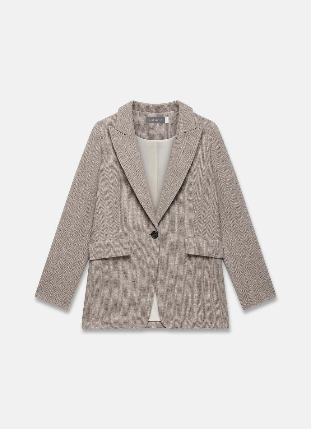 Neutral Herringbone Single Breasted Blazer | Mint Velvet