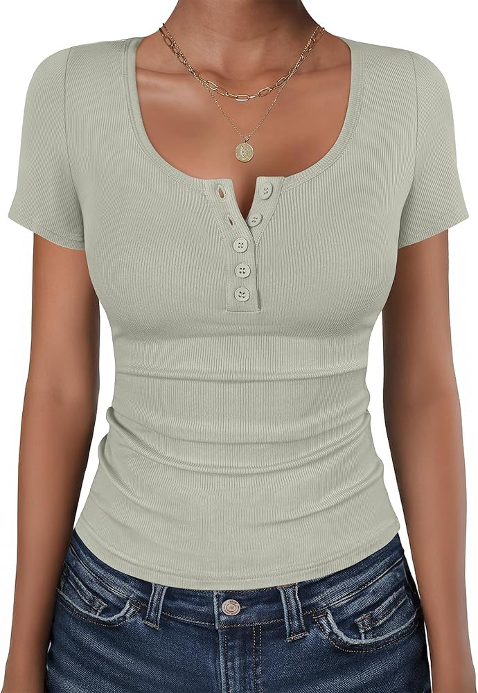 ANRABESS Womens Short Sleeve Henley Shirts Ribbed Slim Fitted Tee Summer Work Tops 2026 Button Bl... | Amazon (US)