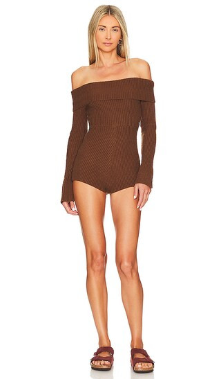 Kalina Off Shoulder Romper in Brown | Revolve Clothing (Global)