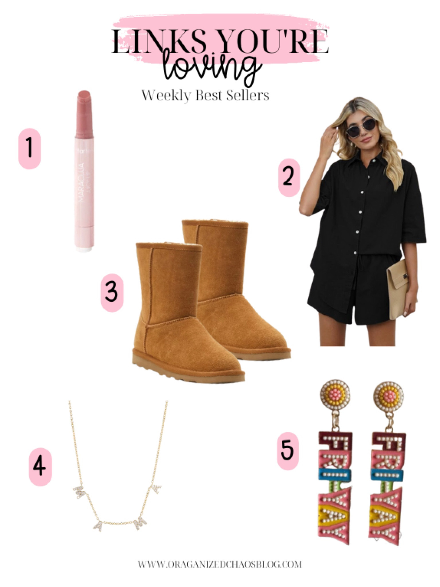 Weekly best sellers

Tarte Juicy lip
Amazon 2 piece set
Walmart suede boots
Mama necklace
Fri-yay earrings

#LTKfindsunder100 #LTKshoecrush #LTKfindsunder50