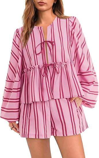 Tankaneo Womens 2 Piece Outfits Tie Front Peplum Tops Shorts Sets Striped Puff Long Sleeve Blouse... | Amazon (US)