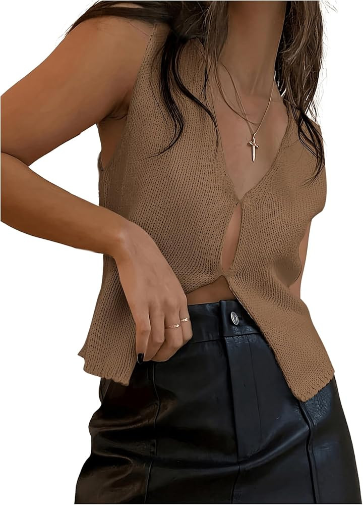 GORGLITTER Women's Y2k Crochet Crop Vest Top V Neck Sleeveless Solid Sweater Tank Tops Black X-La... | Amazon (US)