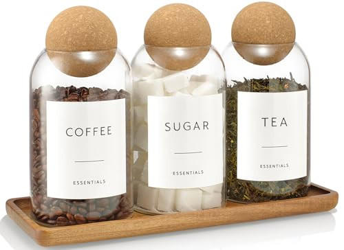 GENSTEUO Coffee Sugar Tea Container Set, 3 Pack Glass Jars with Cork Lids, Apothecary Jars with Tray for Bathroom, Decorative Qtip and Cotton Ball Holder, Cute Display Jars for Coffee Bar (27oz) | Amazon (US)