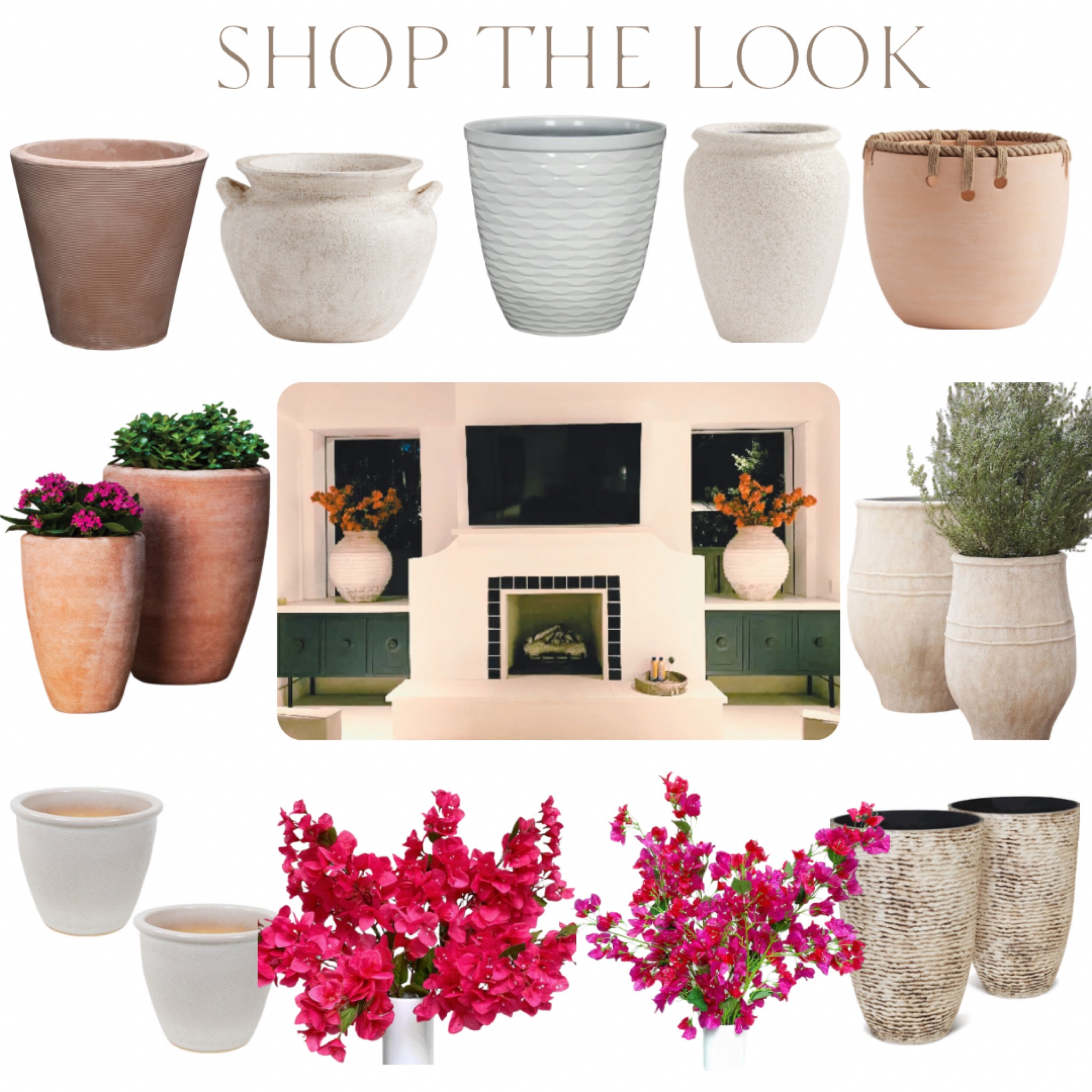 Outdoor Patio with Fireplace and large Spanish-Mediterranean planters filled with faux bougainvillea ❤️

#LTKStyleTip #LTKHome #LTKSaleAlert